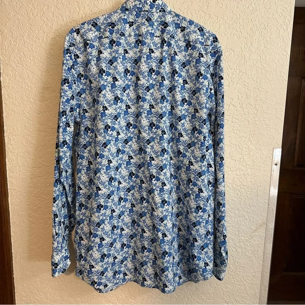 Banana Republic Slim Non-Iron ‎ Blue Floral Cotton Men's Long Sleeve Shirt Large